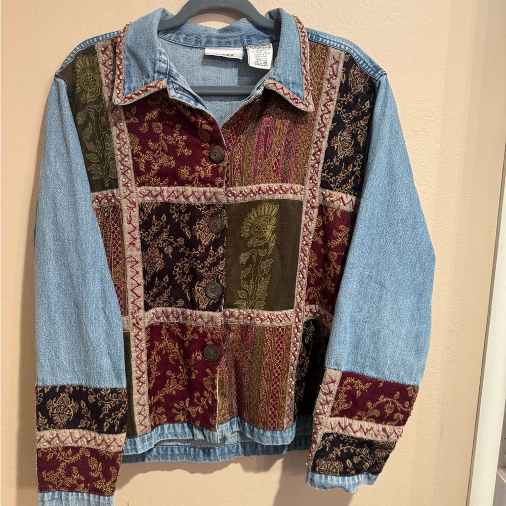 Vintage Units Patchwork Jean Jacket with Burgundy… - image 3